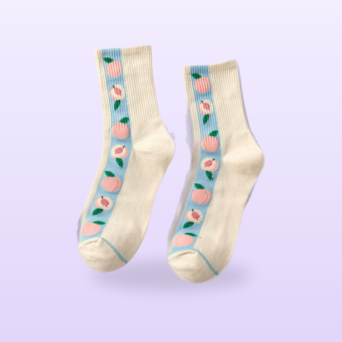White socks with a blue stripe and pink peaches, ribbed crew pair, on a lilac background