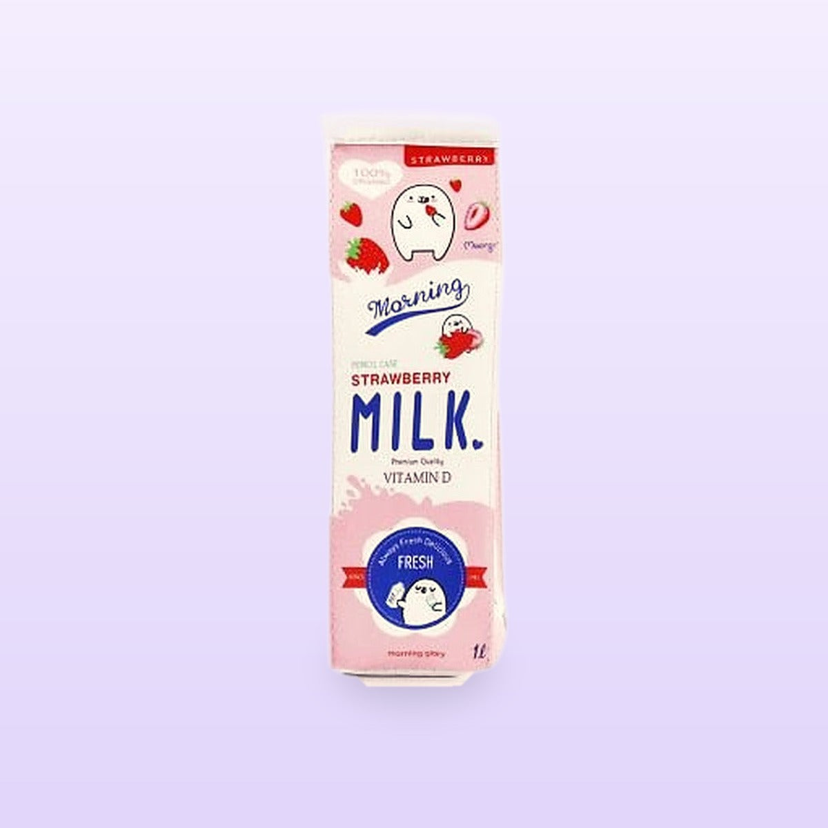 Pink strawberry milk carton pencil case, front view, on a lilac background