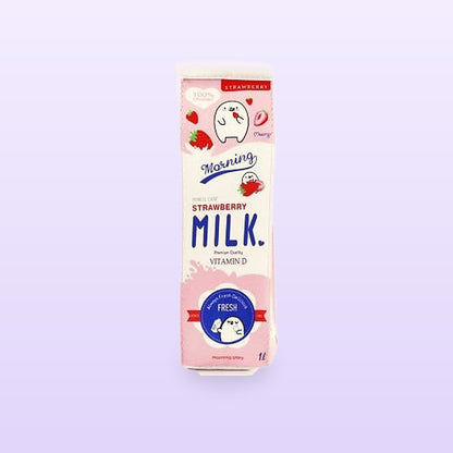 Pink strawberry milk carton pencil case, front view, on a lilac background