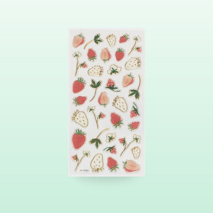 Strawberry metallic fruit sticker sheet with red and pale pink berries, on a mint green background