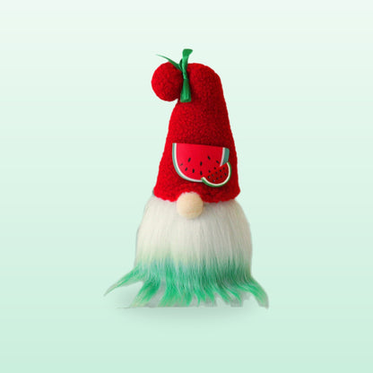 Watermelon plush gnome with a red hat, watermelon patch and a long white to green beard, on a mint background