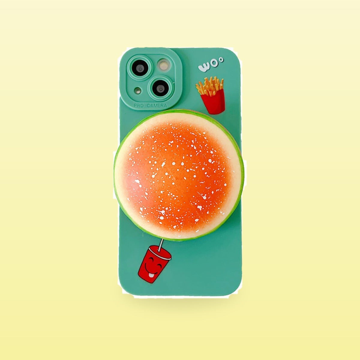 Green squishy burger iPhone case with fries and drink print, on a butter yellow background