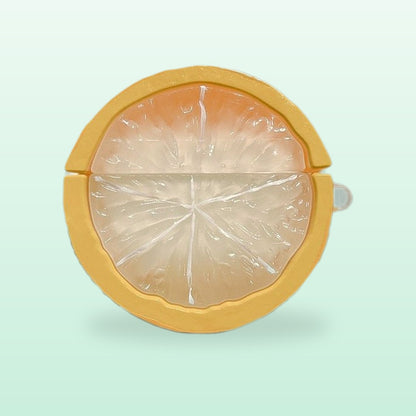 Yellow lemon slice silicone AirPods case, front view, on a mint background