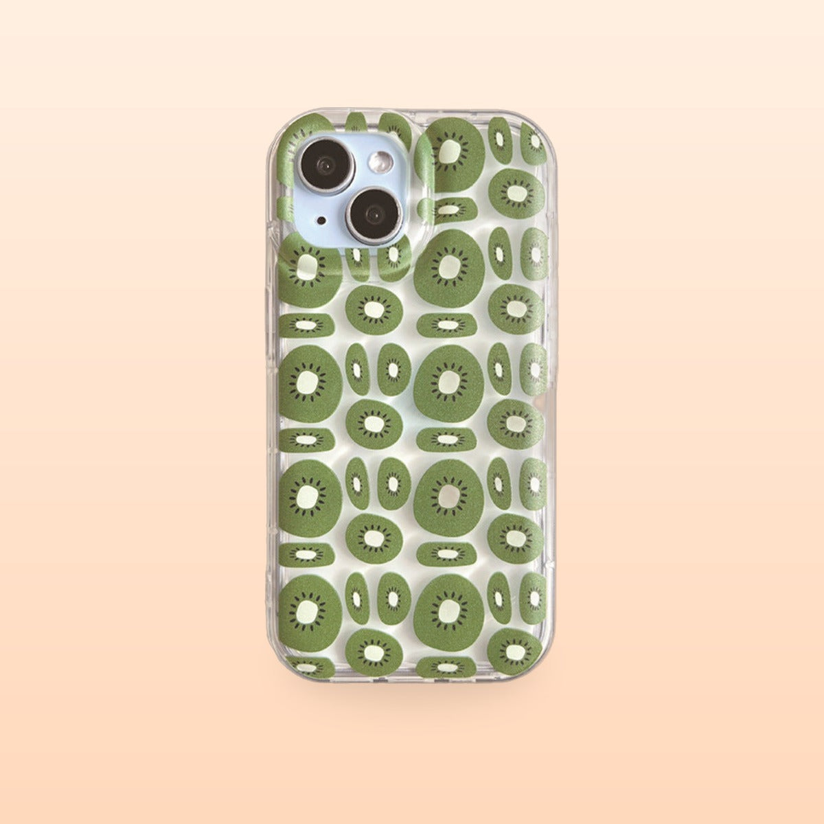 Kiwi fruit clear iPhone case, back view, on a soft peach background