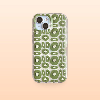 Kiwi fruit clear iPhone case, back view, on a soft peach background