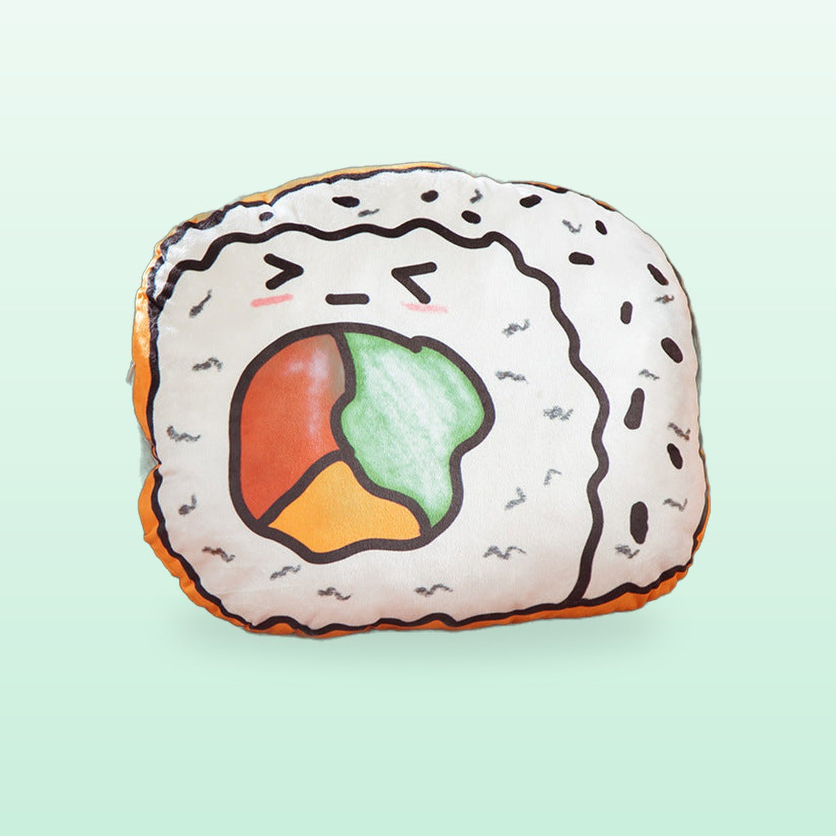 Sushi roll plush cushion with a winking face and colourful filling, on a mint background