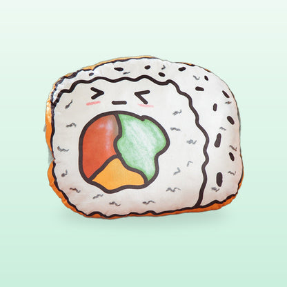 Sushi roll plush cushion with a winking face and colourful filling, on a mint background