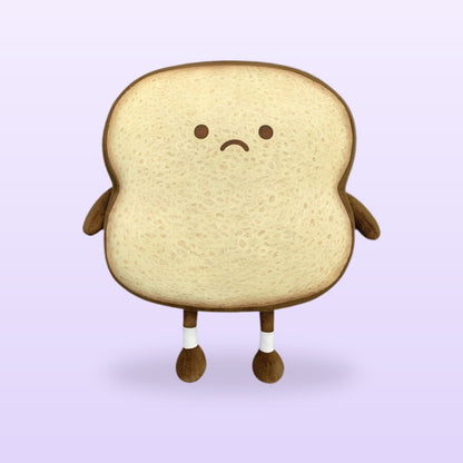 Sad toast slice plush with arms and legs, size L, on a soft lilac background