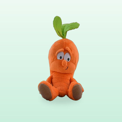 Fruit and veg buddies plush, Carrot, sitting on a mint green background