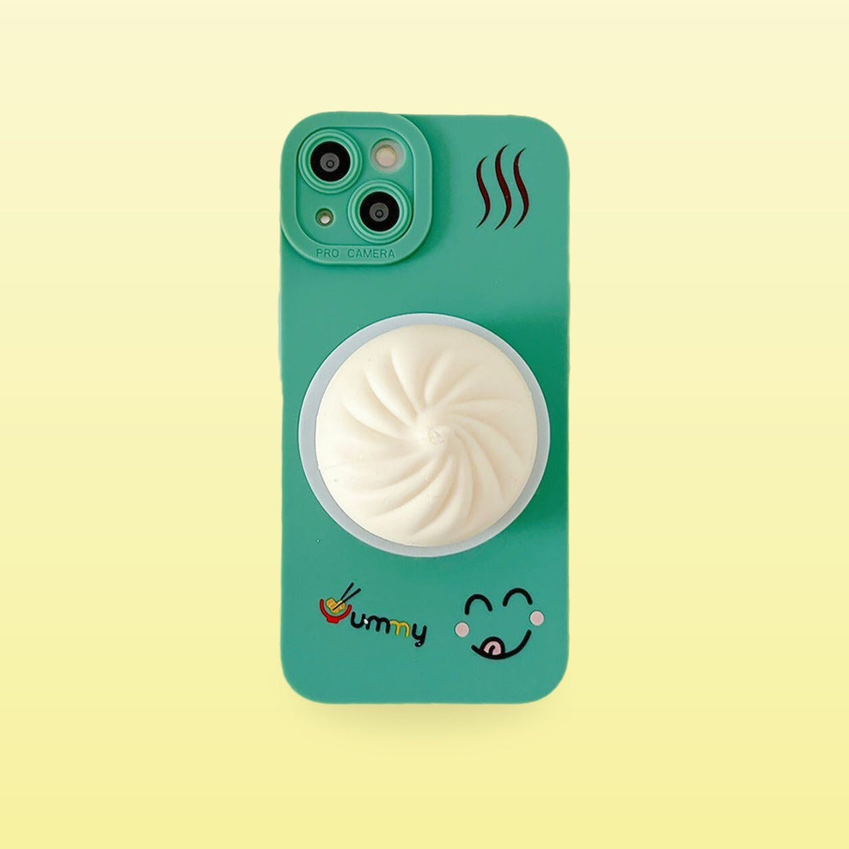 Green squishy bao bun iPhone case with steam print, on a butter yellow background