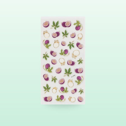 Passion fruit metallic sticker sheet with purple fruit and green leaves, on a mint green background