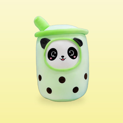 Panda milk tea plush pillow, light green cup with a panda face, on a butter yellow background