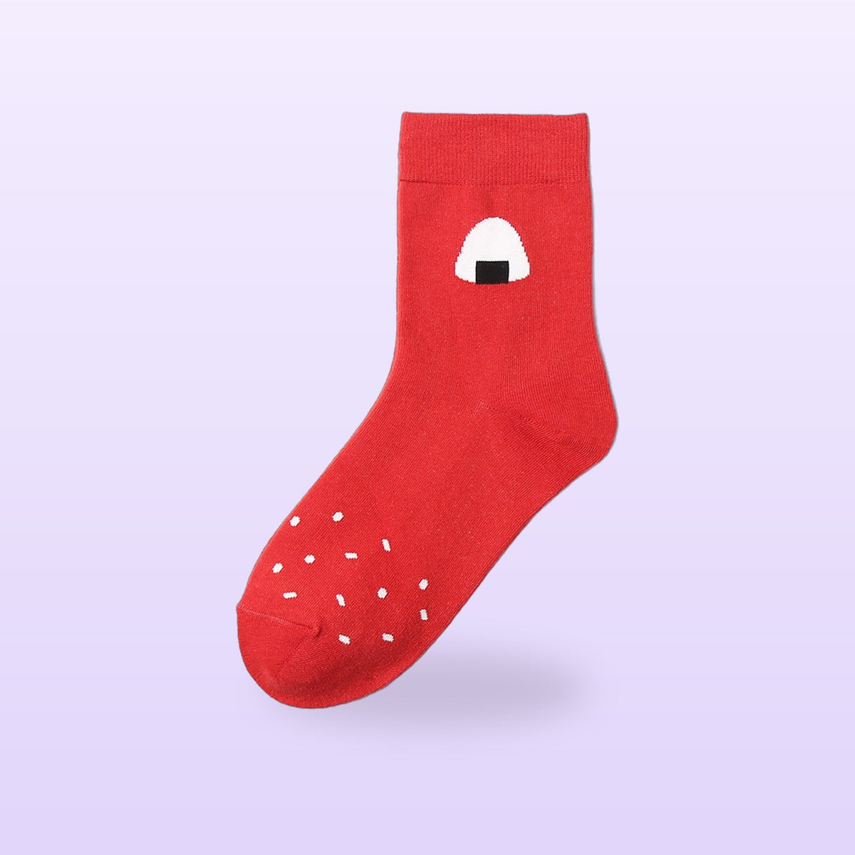 Red cotton sock with a white onigiri motif and rice speckles, on a soft lilac background
