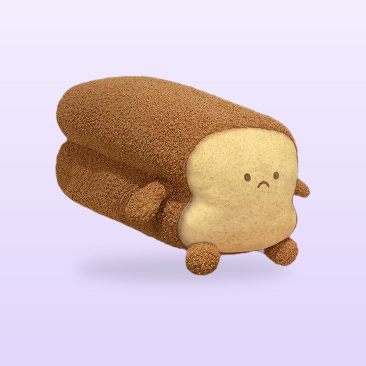 Sad toasted loaf plush cushion, size M, on a soft lilac background