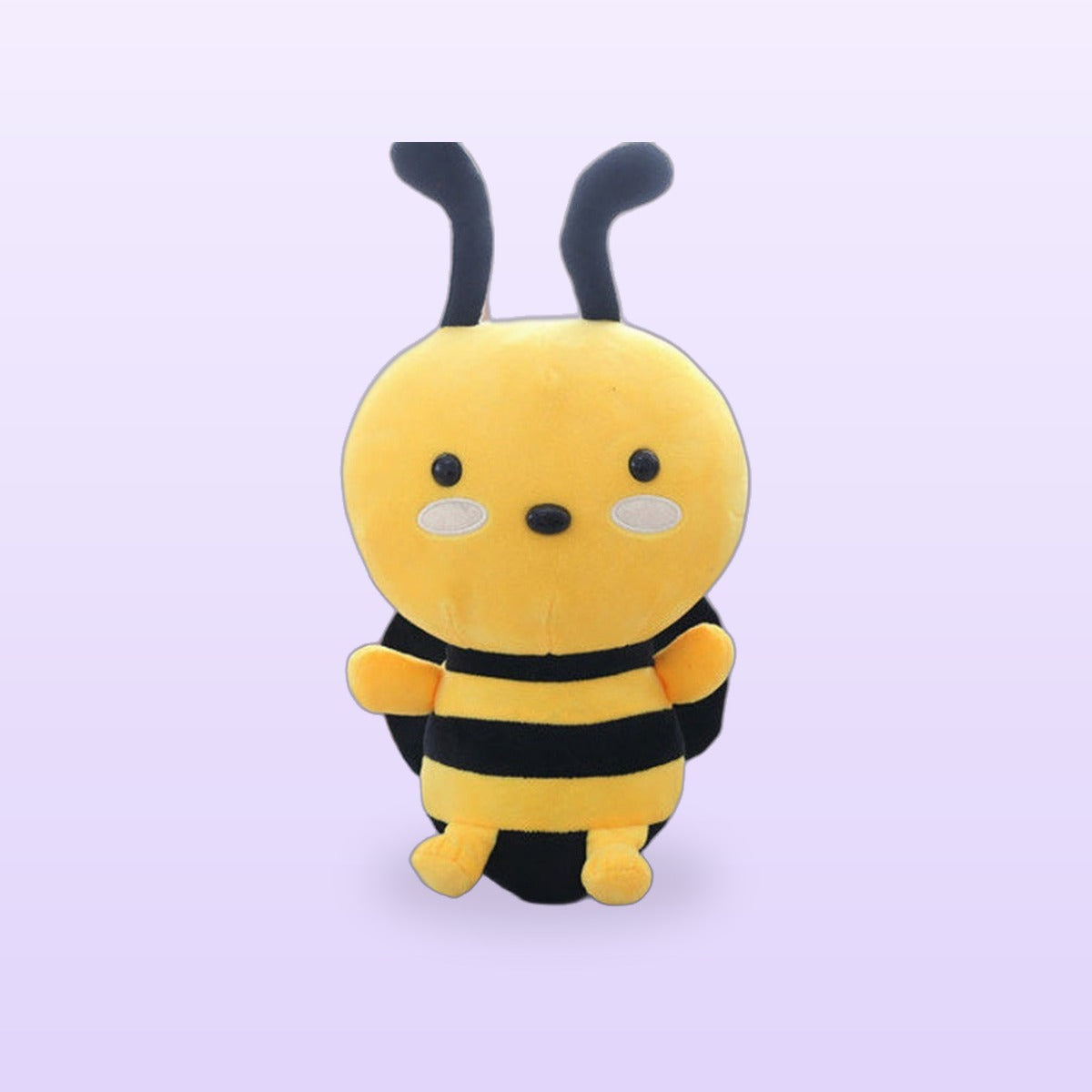 Yellow and black honeybee plush toy with antennae and white cheek patches, on a soft lilac background