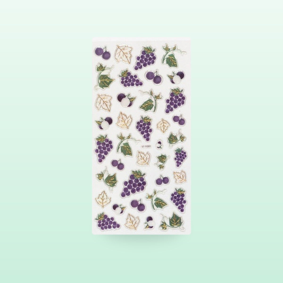 Grape metallic sticker sheet with purple grape clusters and green leaves, on a mint green background