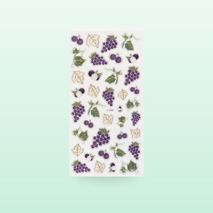 Grape metallic sticker sheet with purple grape clusters and green leaves, on a mint green background