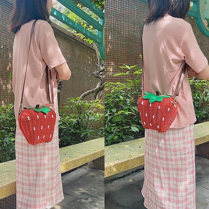 Woman wearing the red woven strawberry bag crossbody, front and back views