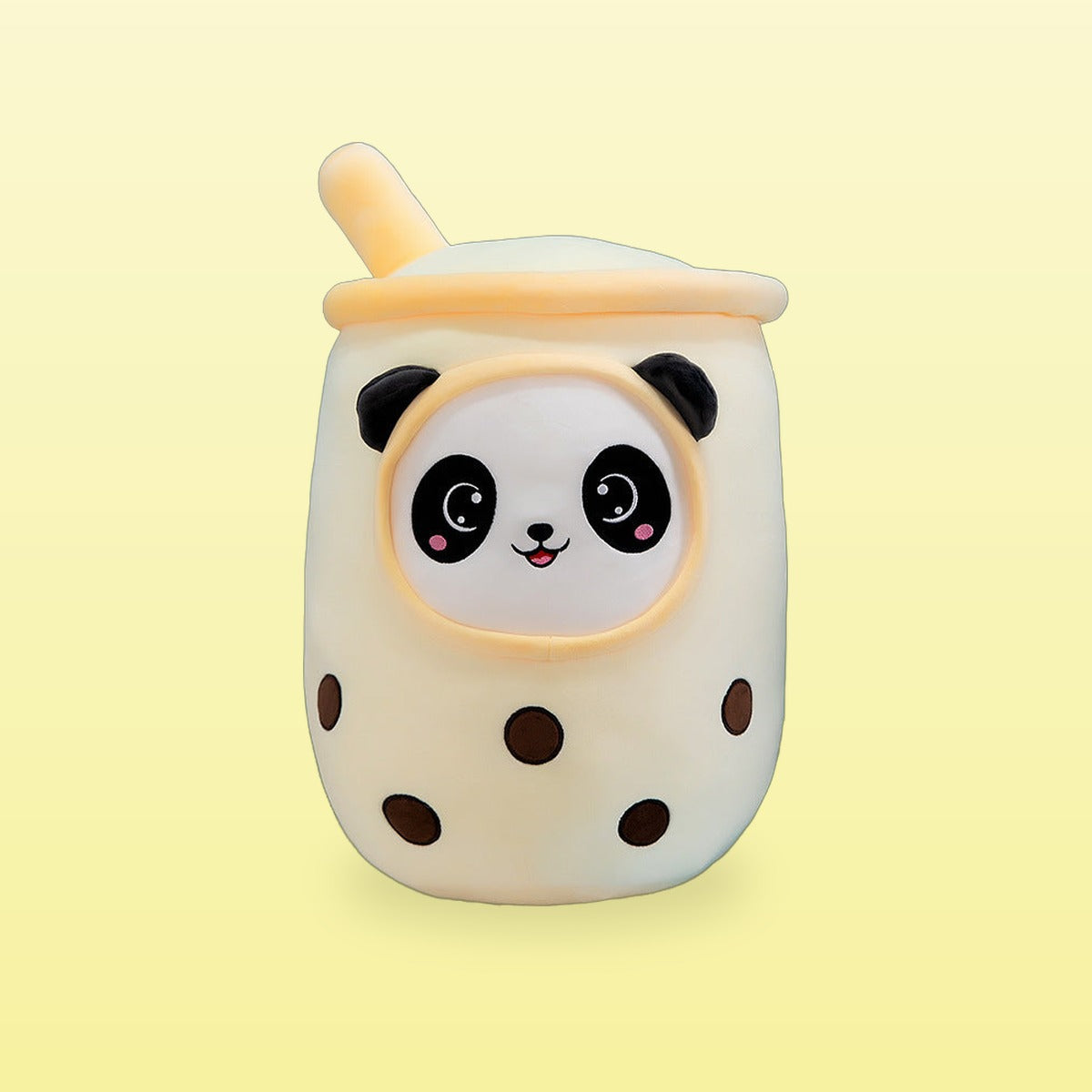 Panda milk tea plush pillow, pale yellow cup with a panda face, on a butter yellow background