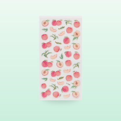 Peach metallic sticker sheet with pink peaches, slices and leaves, on a mint green background