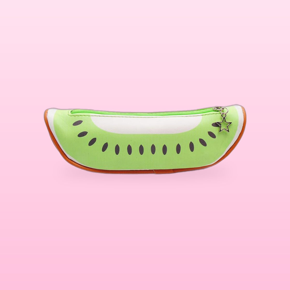 Green kiwi slice pencil case with a star zip charm, on a pale pink background