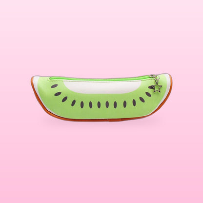 Green kiwi slice pencil case with a star zip charm, on a pale pink background