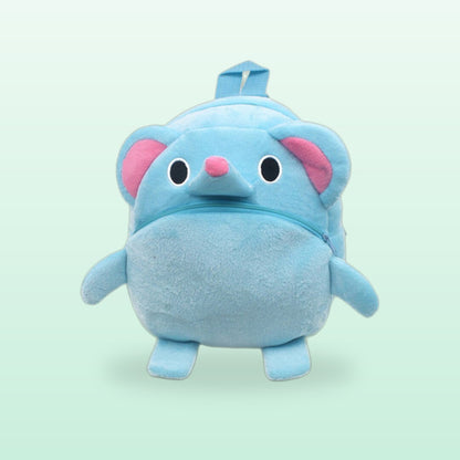 Elephant plush mini backpack in light blue with pink ears, on a mint green background