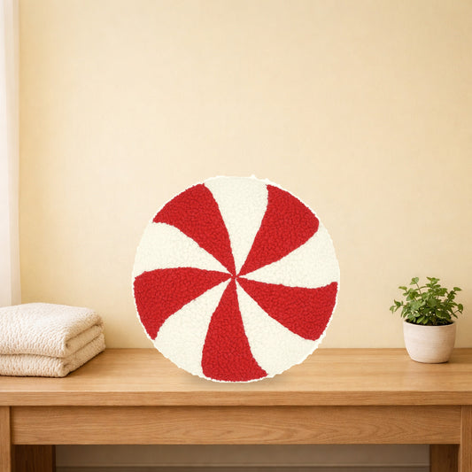 Peppermint swirl plush cushion on a light oak bench