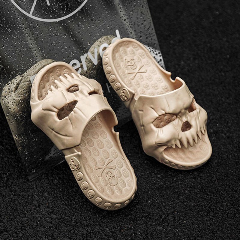 Personalized Skull Design Halloween Slippers Bathroom Indoor Outdoor Funny Slides Beach Shoes - 4 - Scribble Snacks