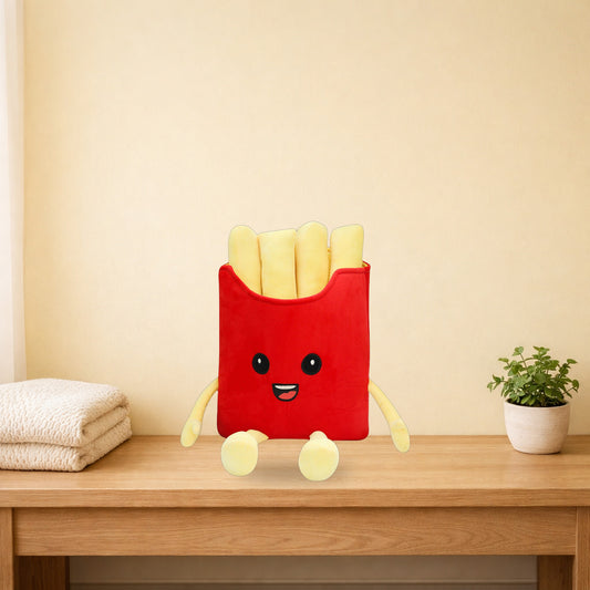 French fries plush pillow sitting on a light oak console table
