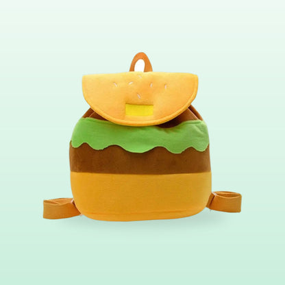 Large hamburger plush kids backpack with a bun flap, lettuce and patty, on a mint green background