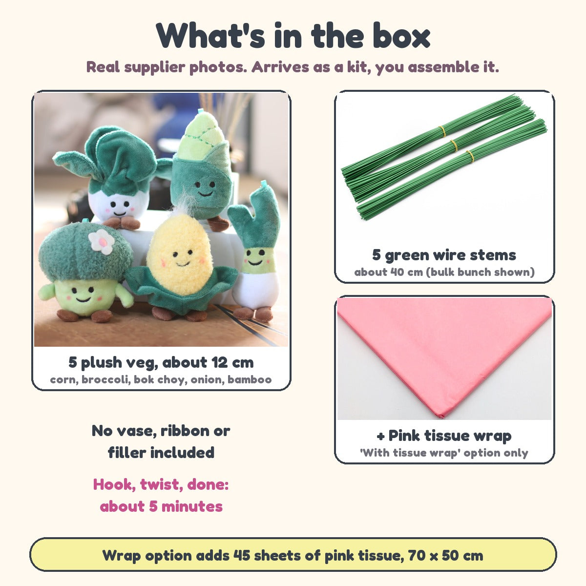What's in the box: 5 plush veg charms about 12 cm, 5 green wire stems about 40 cm, plus pink tissue paper with the wrap option. Arrives as a kit to assemble