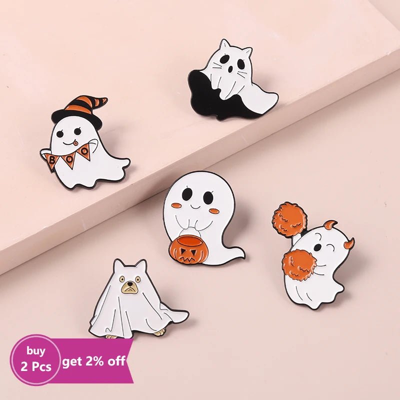 Pumpkin Boo Ghost Brooches - Halloween - Clothing Accessories (Necklaces, Vampire Teeth, Pins, Headwear) - Scribble Snacks