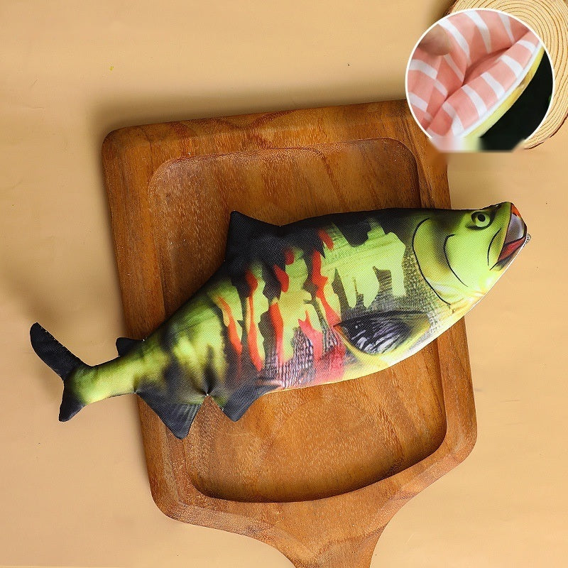 Sockeye salmon fish pencil case on a wooden board, with its pink striped lining