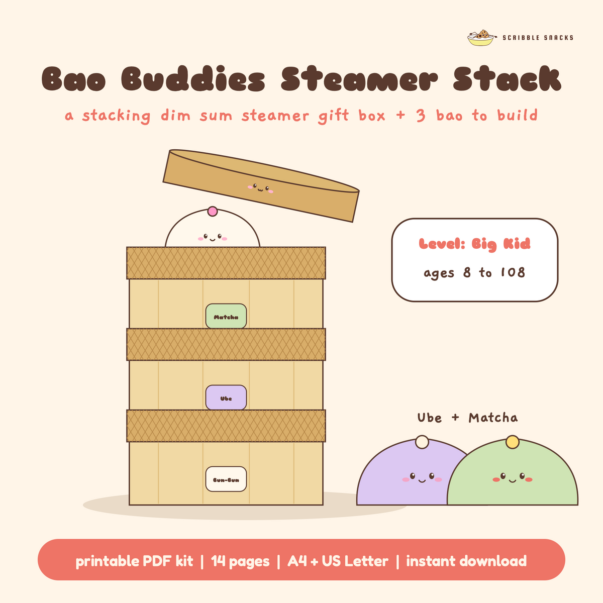 Bao Buddies Steamer Stack papercraft built, three stacked bamboo steamer tiers with the lid lifted and a bao peeking out