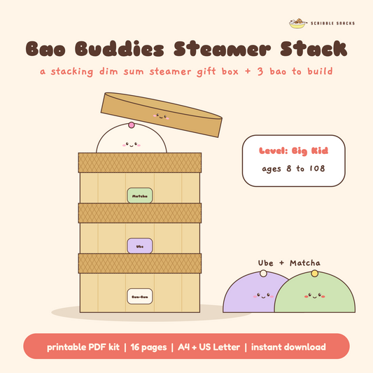 Bao Buddies Steamer Stack papercraft built, three stacked bamboo steamer tiers with the lid lifted and a bao peeking out