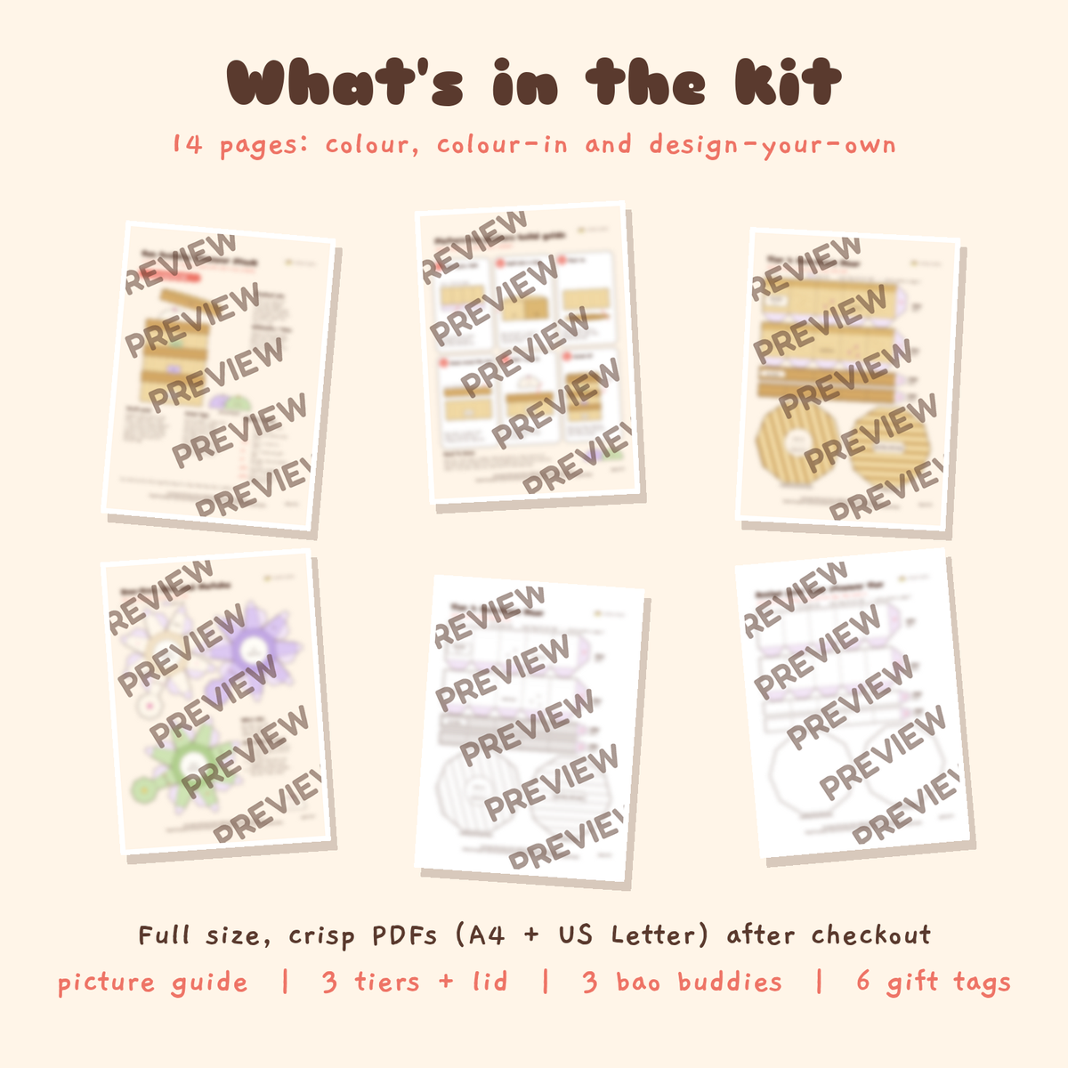 Bao Buddies Steamer Stack papercraft kit, blurred preview of six of the fourteen printable pages