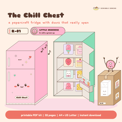 The Chill Chest papercraft fridge in pink and mint, one open with shelves full of kawaii snacks, beside its carton