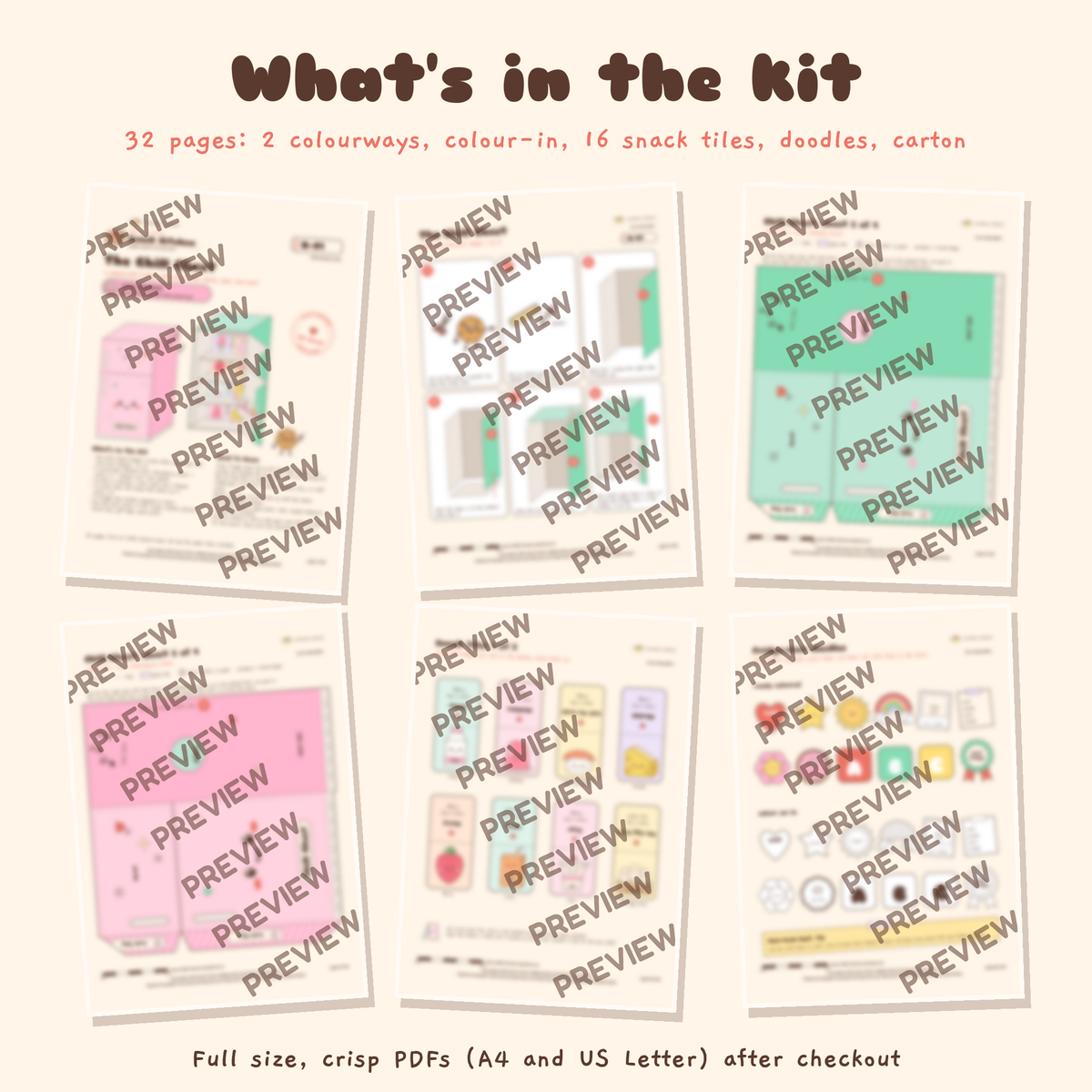The Chill Chest papercraft kit, blurred preview of six of the thirty two printable pages
