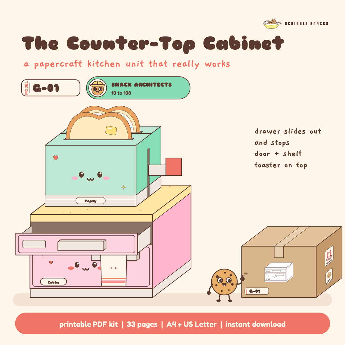 Counter Top Cabinet papercraft built, a pink kitchen unit with its drawer pulled out and Toasty's toaster on the worktop