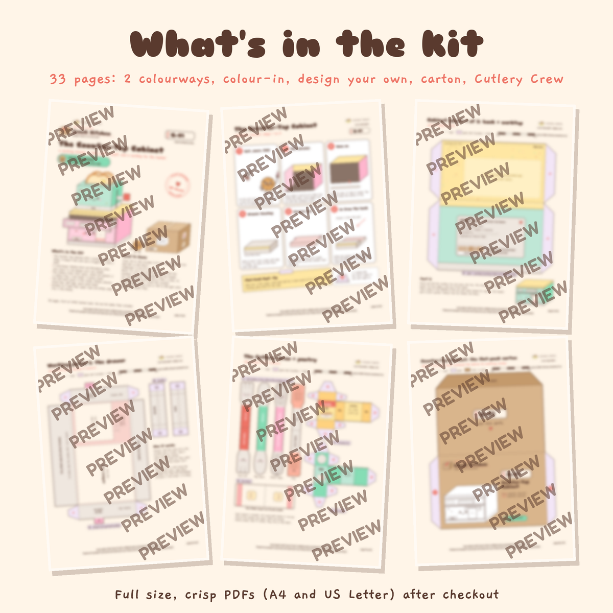 Counter Top Cabinet papercraft kit, blurred preview of six of the thirty three printable pages