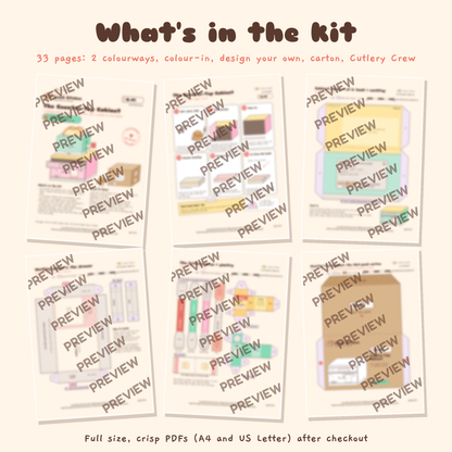 Counter Top Cabinet papercraft kit, blurred preview of six of the thirty three printable pages