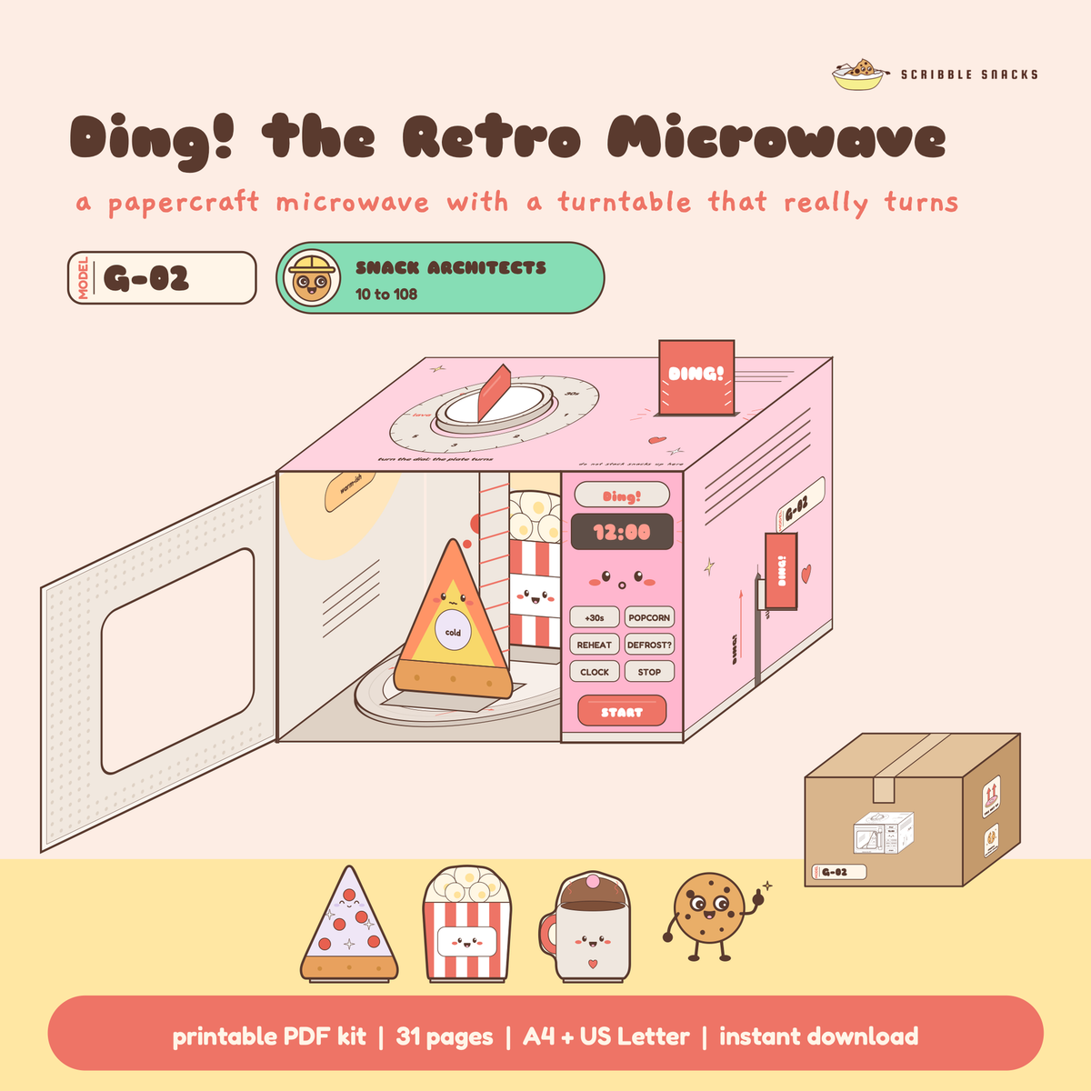 Ding the Retro Microwave papercraft built in pink with the door open, a pizza slice on the turntable and its carton