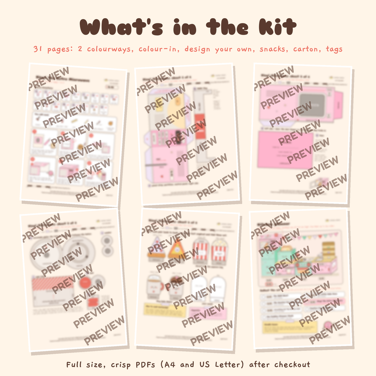 Ding the Retro Microwave papercraft kit, blurred preview of six of the thirty one printable pages