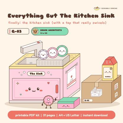Everything But The Kitchen Sink papercraft built in pink with plate friends in the rack, beside its flat pack carton