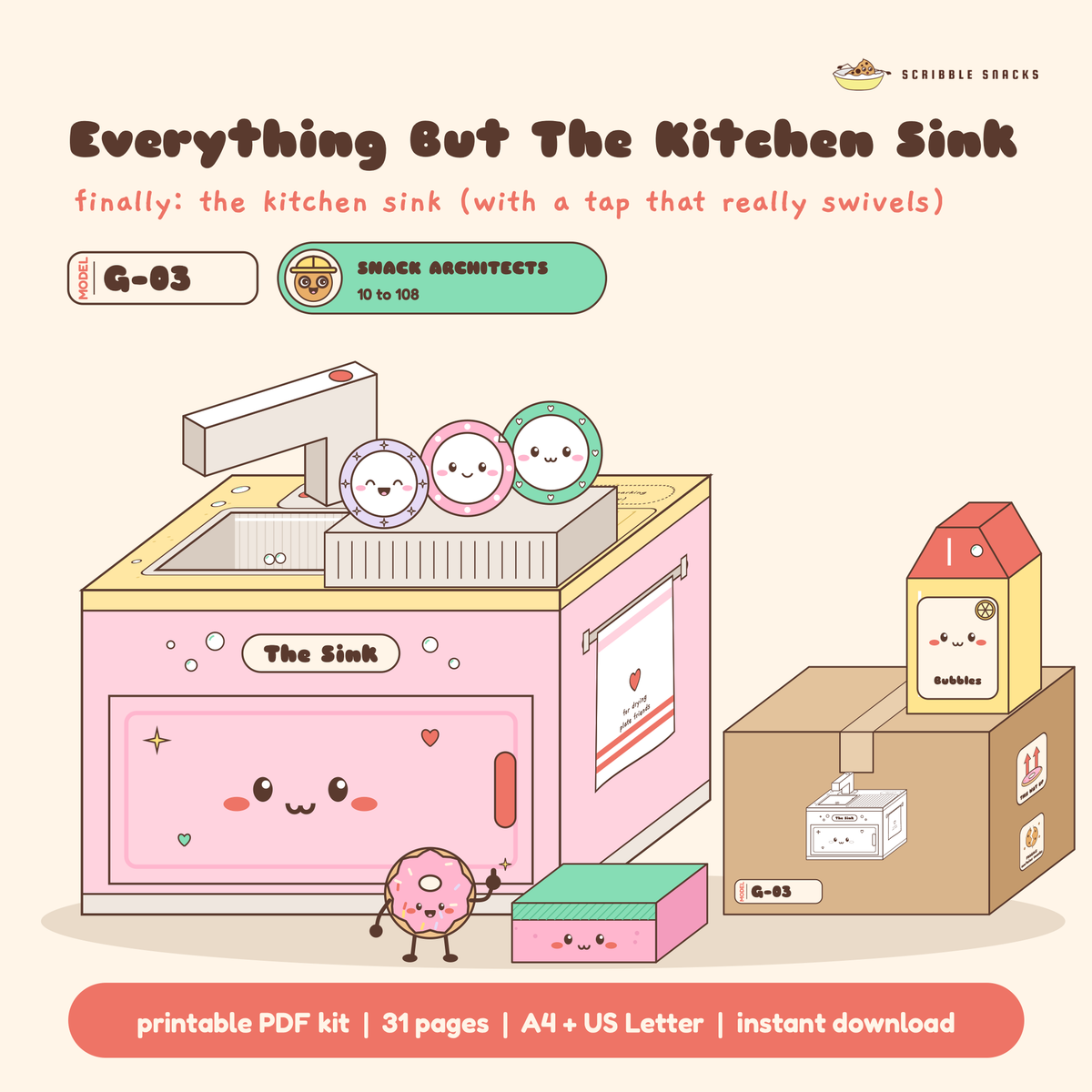 Everything But The Kitchen Sink papercraft built in pink with plate friends in the rack, beside its flat pack carton