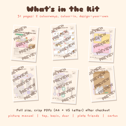 Everything But The Kitchen Sink papercraft kit, blurred preview of six of the thirty one printable pages