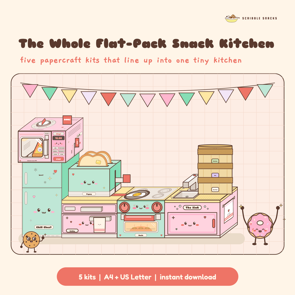 The whole Flat Pack Snack Kitchen in papercraft: fridge, cabinet with toaster, oven, sink and microwave lined up