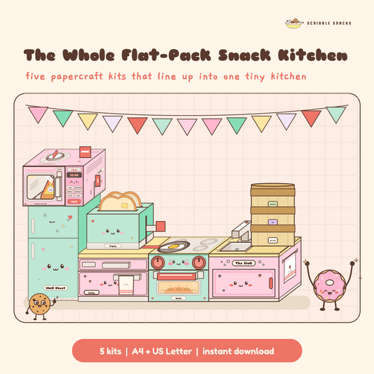 The whole Flat Pack Snack Kitchen in papercraft: fridge, cabinet with toaster, oven, sink and microwave lined up