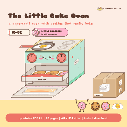 The Little Bake Oven papercraft built in mint with the door open, cookies on the tray and its flat pack carton